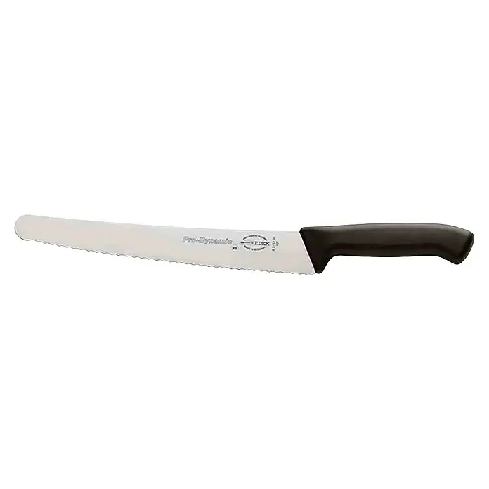 Dick Universalmesser Pro Dynamic - Stahl, Länge: 39,4 cm - Ein Brotmesser der Marke F. Dick Pro-Dynamic mit einem gezackten Rand und einem schwarzen Griff.