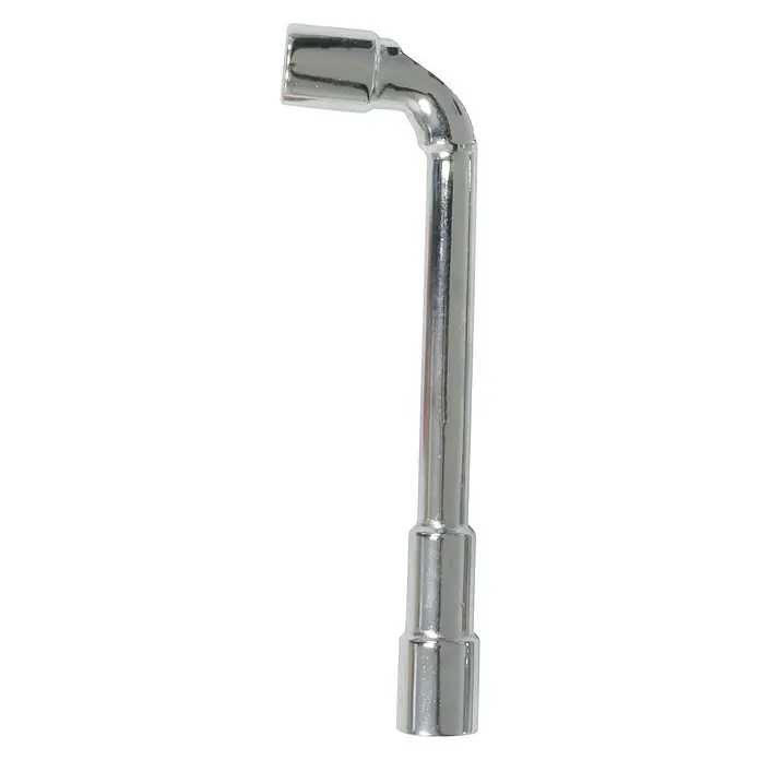 Connex Llave de pipa - Ancho de llave: 10 mm - Primer plano de una llave de tubo brillante, ideal para apretar elementos de fijación en espacios reducidos. Esta herramienta tiene un diseño distintivo en forma de L.
