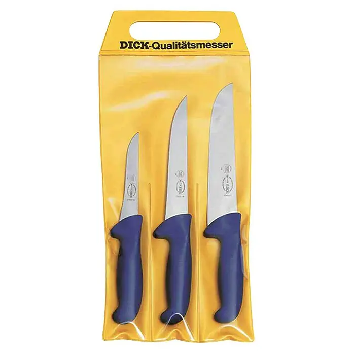 Dick Küchenmesser-Set Ergo Grip - 3 -tlg., Stahl, Länge: 48 cm - Dreiteiliges Messerset von DICK-Qualitätsmesser in gelber Verpackung, ideal für Profis und Hobbyköche, die Wert auf Qualität legen.