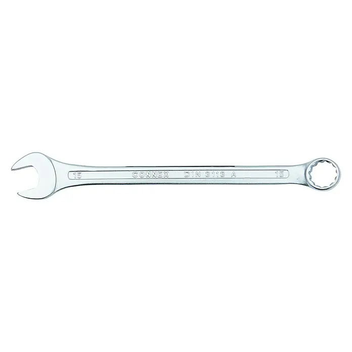 Connex Llave combinada - Ancho de llave: 15 mm - Una llave combinada Connex de color plateado, perfecta para diversos proyectos de reparación y construcción, está colocada sobre un fondo blanco.