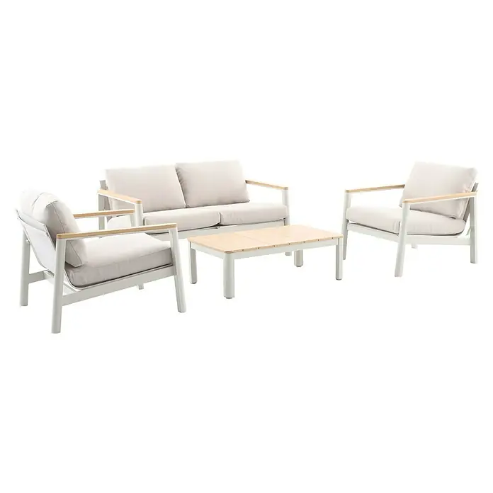 Sunfun Solo Loungesofa 2-Sitzer - B x T x H: 136 x 84,5 x 62,5 cm, Aluminium, Olefin, Light-Greige - Ein stilvolles Gartenmöbelset mit einem Sofa, zwei Sesseln und einem Couchtisch mit hellem Holzdesign und weißen Rahmen für den Außenbereich.