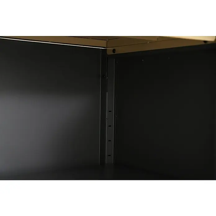 Sunfun Solo Garten-Aufbewahrungschrank - L x B x H: 90 x 46 x 86 cm, Stahl, Polywood, Night-Grey - Innenansicht eines schwarzen Metallschranks mit verstellbaren Fachböden, die vielseitige Aufbewahrungsmöglichkeiten bieten.