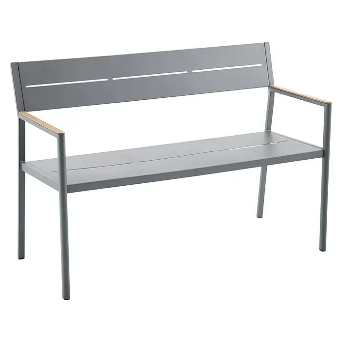 Sunfun Maja Gartenbank - B x T x H: 126 x 55 x 85 cm, Aluminium, Polywood, Night-Grey - Graue Gartenbank mit Holzarmlehnen. Die Bank verfügt über eine Rückenlehne und ist für den Außenbereich geeignet.