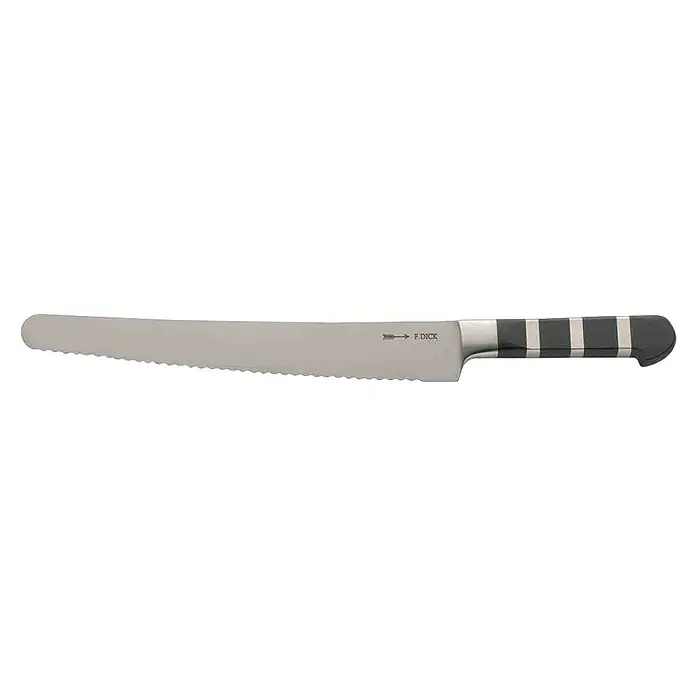 Dick 1905 Universalmesser - Stahl, Länge: 33,5 cm - Ein gezacktes Brotmesser der Marke F. Dick mit einem schwarz-silbernem Griff, perfekt zum Schneiden von Brot und Brötchen.