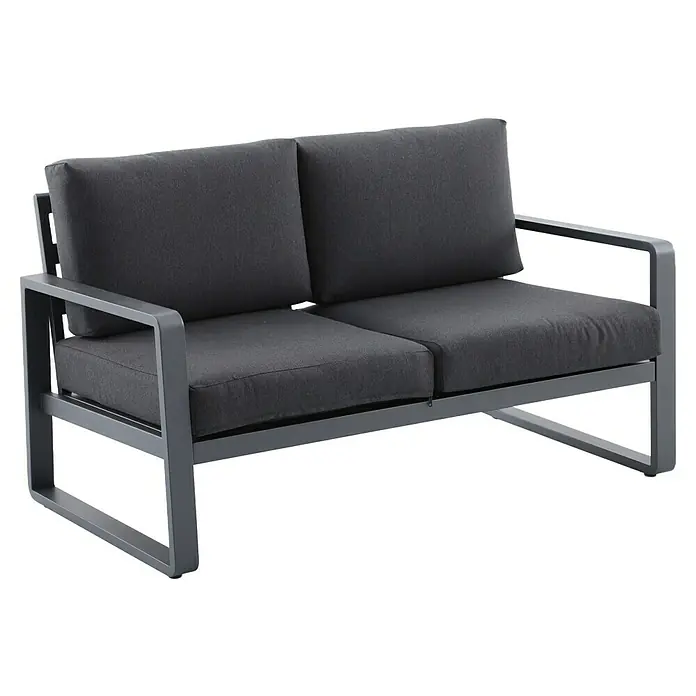 Sunfun Maja Loungemöbel-Set - 7 -tlg., Aluminium, Stahl, Olefin, Tisch höhenverstellbar, Night-Grey - Graues Outdoor-Sofa mit zwei Sitzen und komfortablen Kissen für entspannte Stunden im Freien.