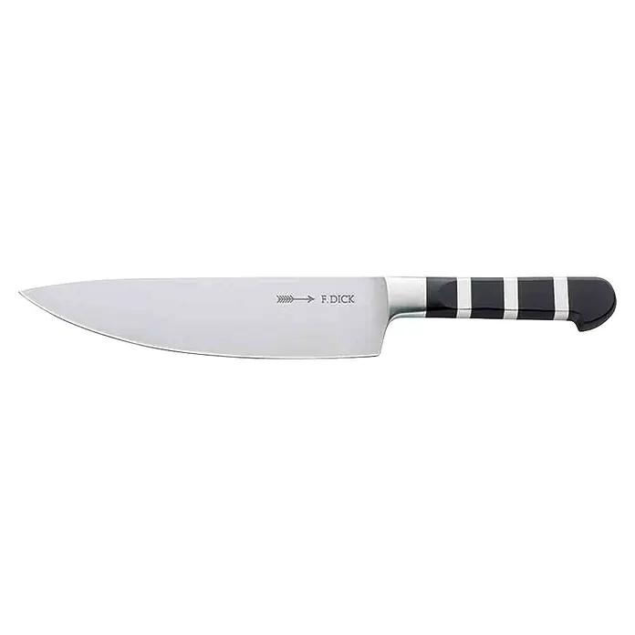 Dick 1905 Küchenmesser - Stahl, Länge: 35 cm - Ein detailliertes Bild eines F. Dick Messers mit einem scharfen, gezackten Rand und einem Griff mit schwarzen und silbernen Akzenten.