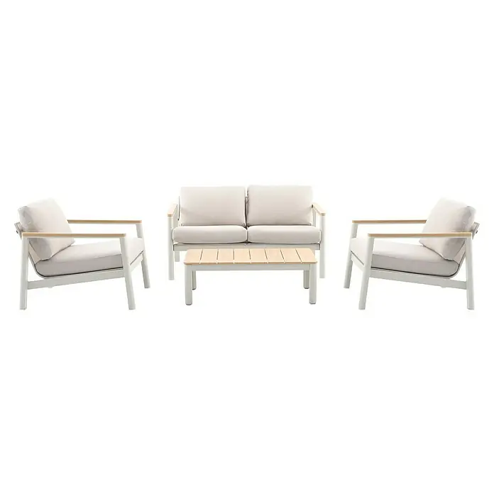 Sunfun Solo Loungesofa 2-Sitzer - B x T x H: 136 x 84,5 x 62,5 cm, Aluminium, Olefin, Light-Greige - Helle Outdoor-Möbelgruppe mit Sofa, zwei Sesseln und einem passenden Couchtisch. Ideal für entspannte Stunden im Freien.