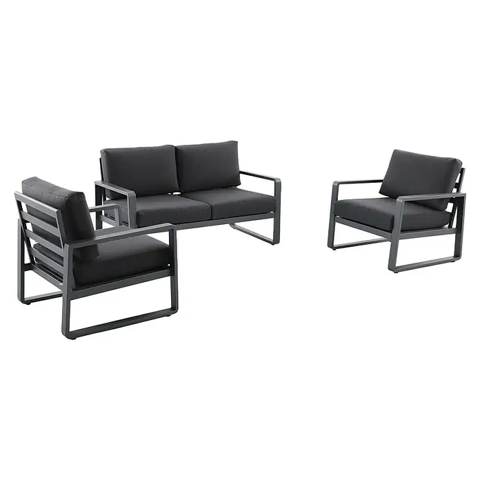 Sunfun Maja Loungesofa 2-Sitzer - B x T x H: 139,5 x 76 x 74,5 cm, Aluminium, Olefin, Night-Grey - Dieses Bild zeigt ein modernes graues Terrassenmöbel-Set, bestehend aus einem Sessel und einem Sofa, ideal für stilvolle Außenbereiche.