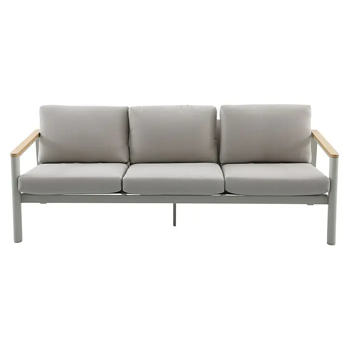 Sunfun Solo Loungesofa 3-Sitzer - B x T x H: 199 x 84,5 x 62,5 cm, Aluminium, Olefin, Light-Greige - Elegantes Dreisitzer-Sofa mit hellgrauen Kissen und Holzarmlehnen. Das Sofa bietet Komfort und Stil für jeden Wohnraum.
