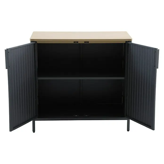 Sunfun Solo Garten-Aufbewahrungschrank - L x B x H: 90 x 46 x 86 cm, Stahl, Polywood, Night-Grey - Das Bild zeigt einen geöffneten Kunststoff-Gartenschrank in dunkler Farbe, mit einem beigen Oberteil und einem Regal im Inneren.