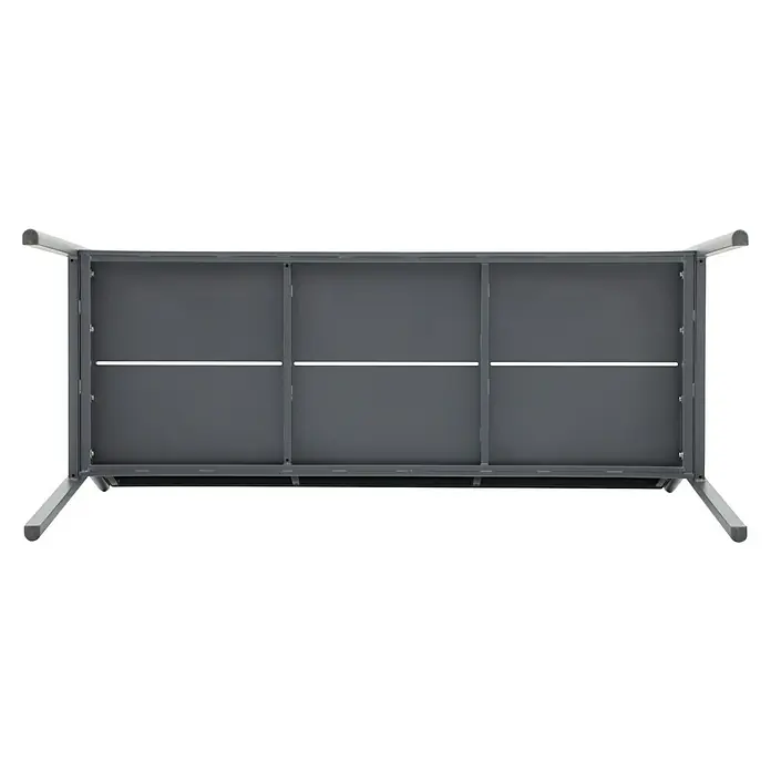Sunfun Maja Gartenbank - B x T x H: 126 x 55 x 85 cm, Aluminium, Polywood, Night-Grey - Nahaufnahme einer dreiteiligen, grauen Windschutzwand mit silbernem Rahmen auf einer Terrasse, die Schutz und Privatsphäre bietet.