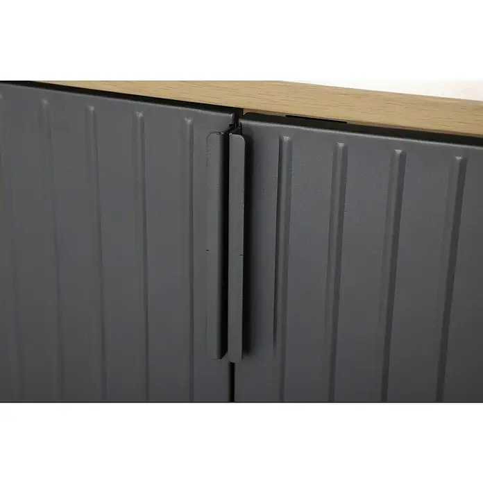 Sunfun Solo Garten-Aufbewahrungschrank - L x B x H: 90 x 46 x 86 cm, Stahl, Polywood, Night-Grey - Nahaufnahme von modernen grauen Schranktüren mit senkrechten Griffen und einer hellen Holzplatte oben.