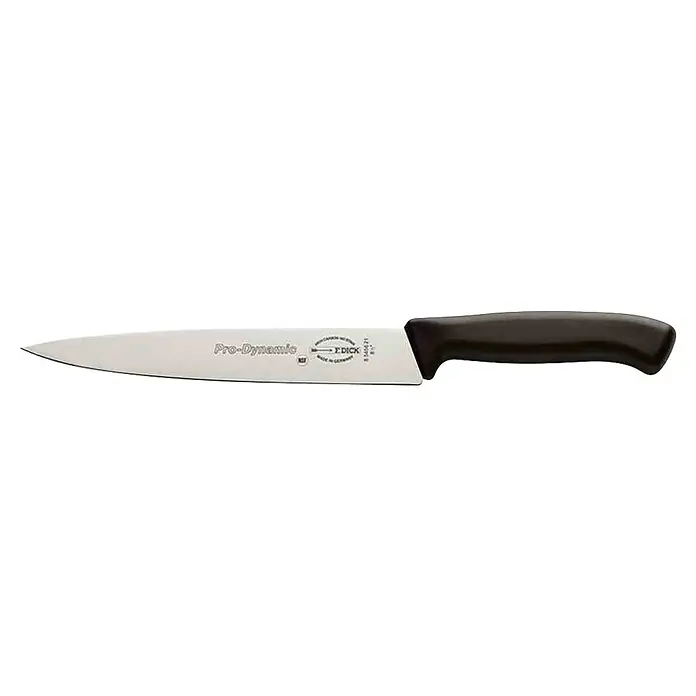 Dick Tranchiermesser Pro Dynamic - Stahl, Länge: 33,7 cm - Das Bild zeigt ein Kochmesser der Marke F. Dick Pro-Dynamic mit glatter Klinge und ergonomischem Griff, ideal für den professionellen Einsatz.