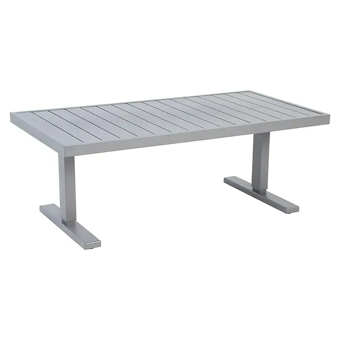 Sunfun Maja Loungemöbel-Set - 7 -tlg., Aluminium, Stahl, Olefin, Tisch höhenverstellbar, Night-Grey - Nahaufnahme eines modernen, silberfarbenen Outdoor-Tisches mit Lattenrost, der sich ideal für den Garten oder die Terrasse eignet.