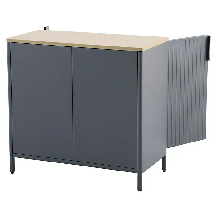 Sunfun Solo Garten-Aufbewahrungschrank - L x B x H: 90 x 46 x 86 cm, Stahl, Polywood, Night-Grey - Grauer Schrank mit beiger Oberseite und vertikal gerippter Seitenwand, ideal für stilvolle Aufbewahrung.