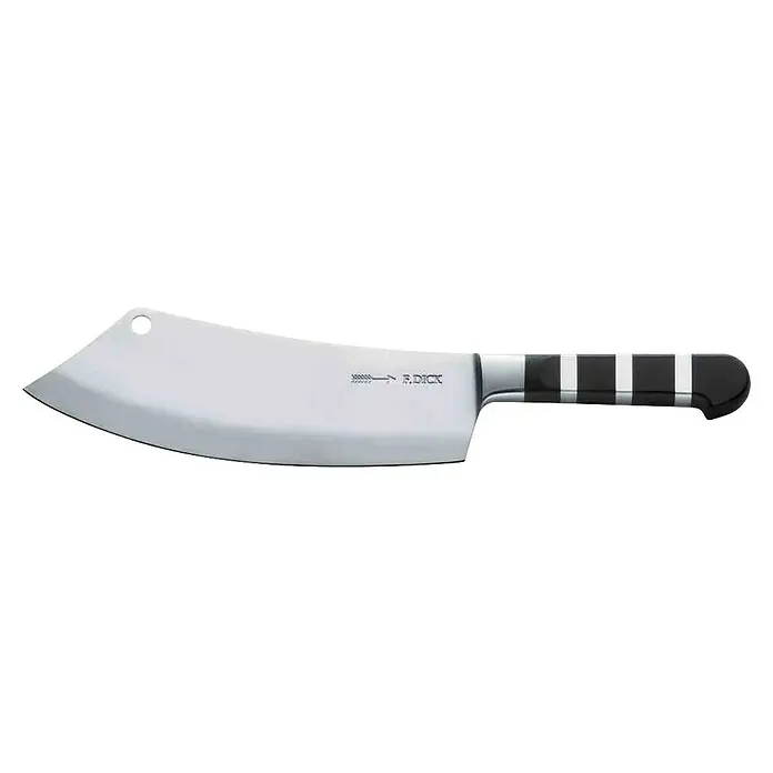 Dick 1905 Küchenmesser - Stahl, Länge: 36,4 cm - Das Bild zeigt ein Hackmesser der Marke F. Dick, ein robustes Werkzeug für die Küche. Der Griff ist schwarz-silbern gestreift.
