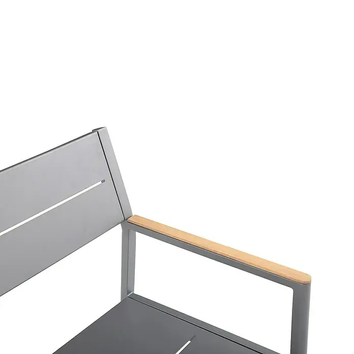 Sunfun Maja Gartenbank - B x T x H: 126 x 55 x 85 cm, Aluminium, Polywood, Night-Grey - Detailansicht eines modernen Gartenstuhls mit grauem Metallrahmen und Armlehnen aus hellem Holz. Der Stuhl wirkt elegant und stabil.