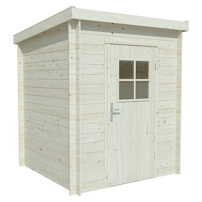 Palmako Gartenhaus Zoe - Außenmaß inkl. Dachüberstand (B x T): 180 x 181 cm, Holz, Naturbelassen - Abbildung eines hellen Holzgartenschuppens mit Tür und Fenster.