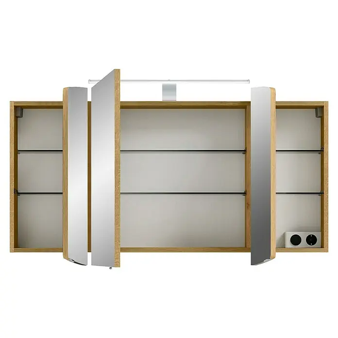 Pelipal Cassca LED-Spiegelschrank - B x H: 120 x 67 cm, Eiche - Ein Spiegelschrank mit Holzrahmen und Glasböden bietet stilvollen Stauraum und integrierte Steckdosen für Komfort.