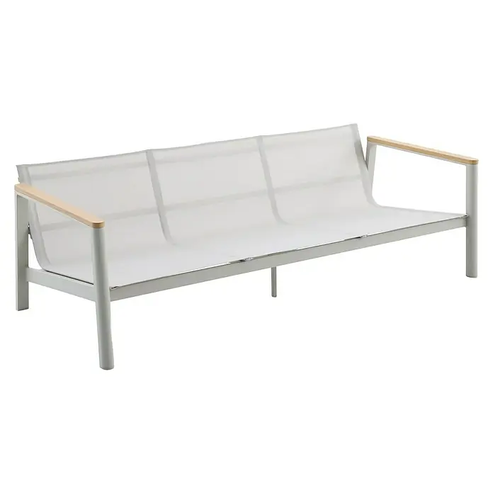 Sunfun Solo Loungesofa 3-Sitzer - B x T x H: 199 x 84,5 x 62,5 cm, Aluminium, Olefin, Light-Greige - Modernes weißes Outdoor-Sofa mit Holzarmlehnen. Das Sofa bietet bequemen Sitzplatz im Freien und ist stilvoll gestaltet.