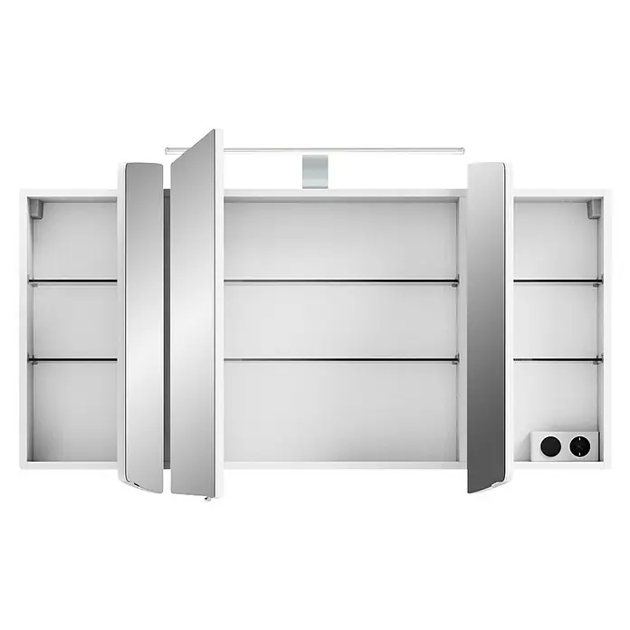 Pelipal Cassca LED-Spiegelschrank - B x H: 120 x 67 cm, Weiß Hochglanz - Abbildung eines Badezimmerspiegelschranks mit drei Türen und eingebauter Beleuchtung, ideal für die Aufbewahrung von Badartikeln.