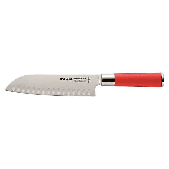 Dick Red Spirit Santokumesser - Stahl, Länge: 31,6 cm, Kullenschliff - Ein scharfes F. Dick Red Spirit Kochmesser, ideal für präzise Schnitte. Das Messer besticht durch seine rote Griff und hochwertige Verarbeitung.