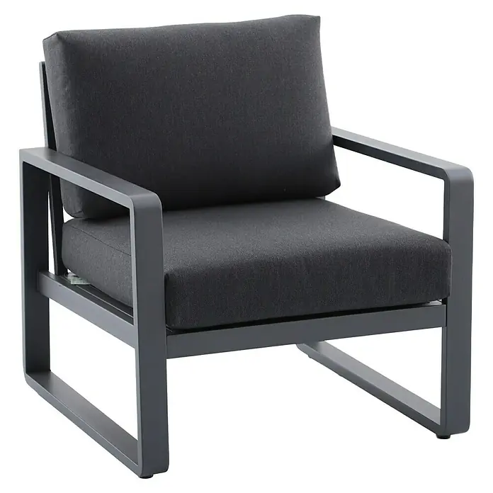 Sunfun Maja Loungemöbel-Set - 7 -tlg., Aluminium, Stahl, Olefin, Tisch höhenverstellbar, Night-Grey - Grauer Sessel mit quadratischen Kissen und Rahmen für den Außenbereich.