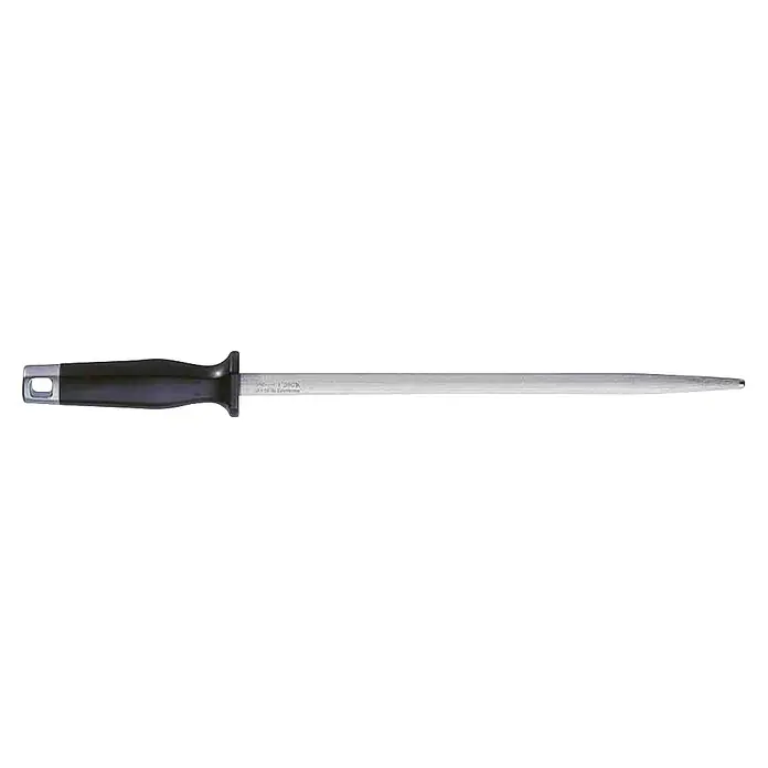 Dick Messerschärfer - Stahl, Länge: 38 cm - Abbildung eines Wetzstahls mit schwarzem Griff und silberfarbener Stahlstange zum Schärfen von Messern, ideal für jede Küche.
