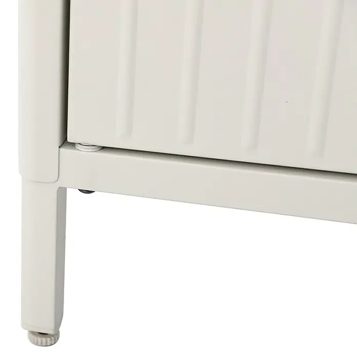 Sunfun Solo Garten-Aufbewahrungschrank - L x B x H: 90 x 46 x 86 cm, Stahl, Polywood, Light-Greige - Nahaufnahme der Beine eines weißen Metallschranks mit verstellbaren Füßen für Stabilität.