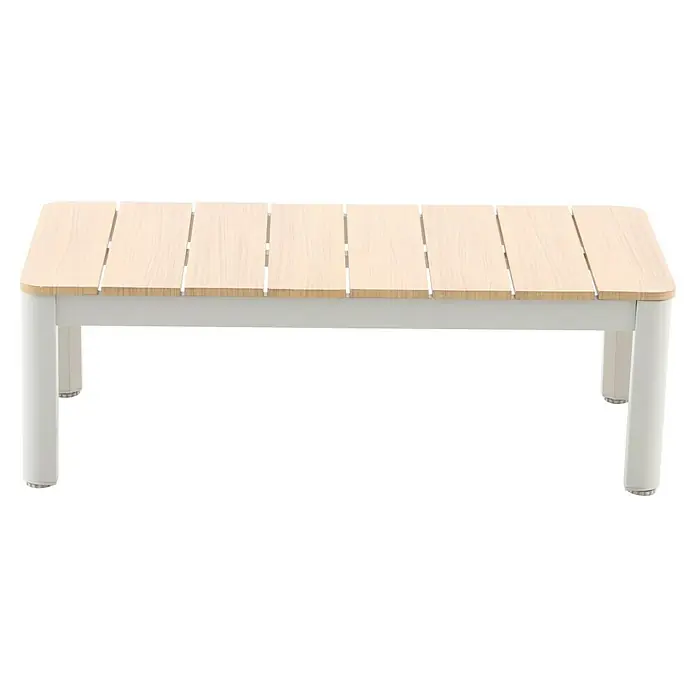Sunfun Solo Loungetisch - B x T x H: 99,5 x 57 x 32,5 cm, Aluminium, Light-Greige - Bild einer modernen Bank mit einer hellen Holzplatte und einem weißen Metallgestell, ideal für den Außenbereich.