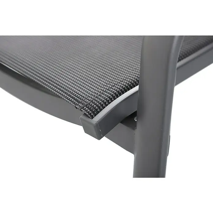 Sunfun Gastro Garten-Barhocker - Stahl, Textilen, Stapelbar, Night-Grey, B x T x H: 53,5 x 74 x 110 cm - Nahaufnahme eines Stuhls mit grauem Stoffbezug und Metallrahmen, der modernes Design und Komfort vereint.