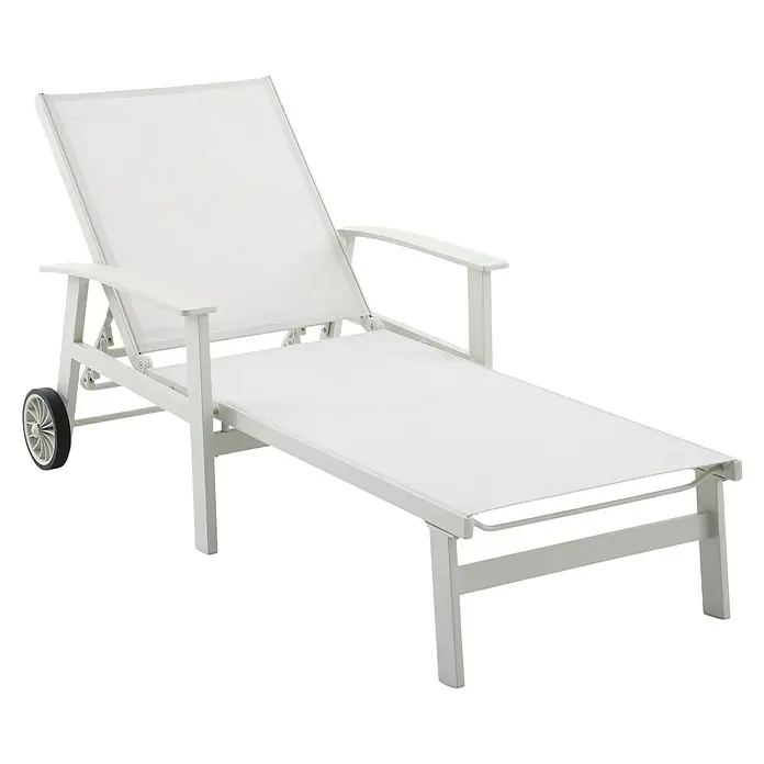 Sunfun Maja Gartenliege - B x T x H: 170,5 x 63,5 x 102 cm, Aluminium, Light-Greige, Rollbar - Eine elegante weiße Sonnenliege mit verstellbarer Rückenlehne und Rädern für einfache Mobilität, ideal für entspannte Stunden im Freien.