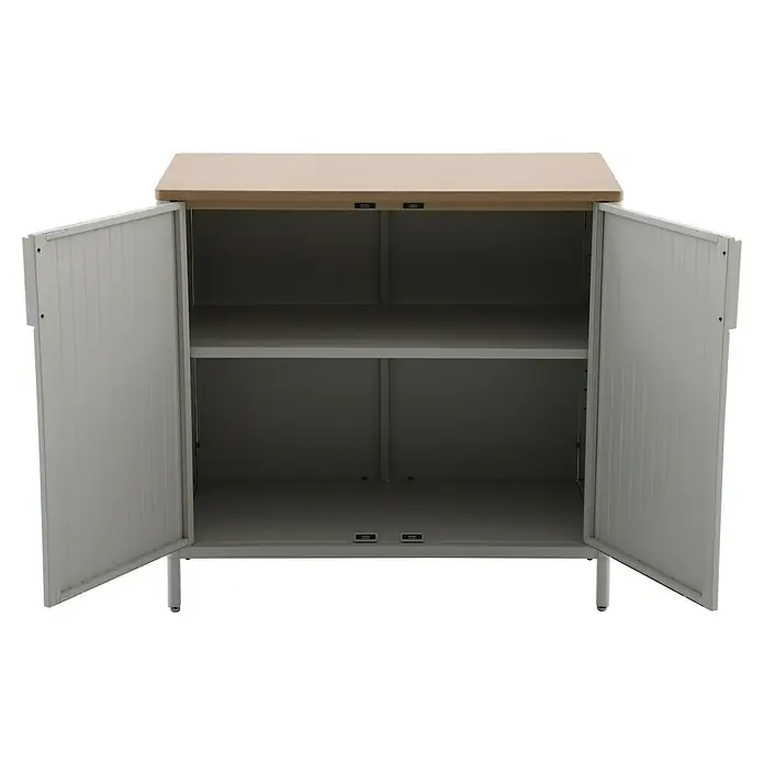 Sunfun Solo Garten-Aufbewahrungschrank - L x B x H: 90 x 46 x 86 cm, Stahl, Polywood, Light-Greige - Der graue Outdoor-Gartenschrank mit zwei Regalen und weit geöffneten Türen bietet viel Stauraum für Ihre Gartengeräte.