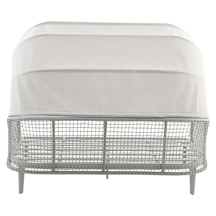 Sunfun Solo Rope Loungesofa - B x T x H: 187 x 114 x 81,5 cm, Aluminium, Olefin, Light-Greige - Nahaufnahme eines modernen, grauen Outdoor-Bettes mit einer gewebten Basis und einem weißen, abdeckenden Oberteil, ideal für Entspannung.