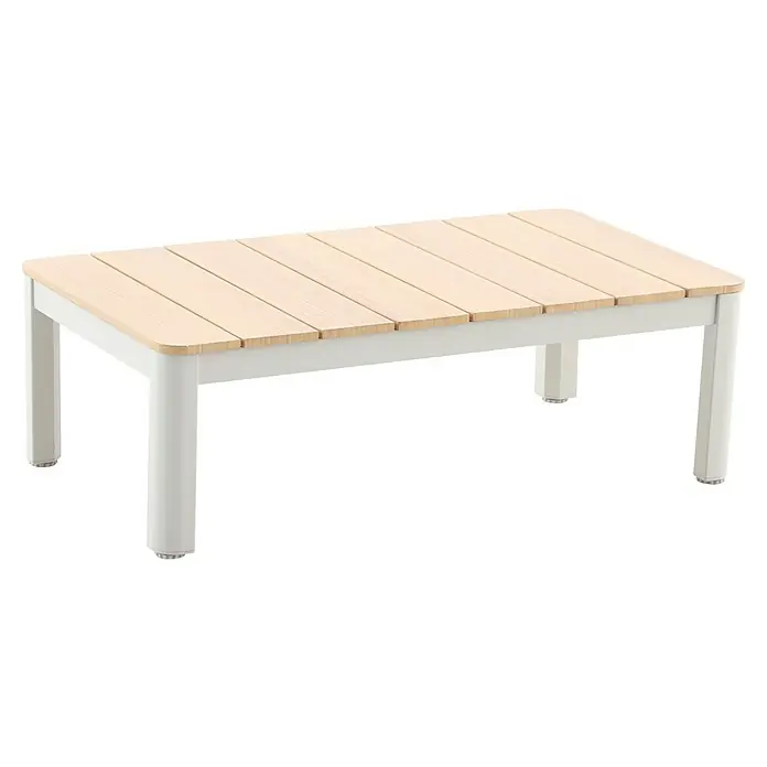Sunfun Loungemöbel-Set Solo Rope/Solo - 4 -tlg., Aluminium, Polywood, Olefin, Light-Greige - Bild einer rechteckigen Holz-Kaffeetischplatte mit weißem Metallgestell, ideal für den Außenbereich.
