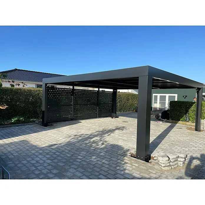 Carport Cubus - Außenmaß inkl. Dachüberstand (B x T): 5,8 x 5,5 m, Doppelcarport, Grau - Ansicht einer modernen Carport-Konstruktion mit stilvollen Details, die Funktionalität und Design vereint, und ein solides, ästhetisches Erscheinungsbild bietet.