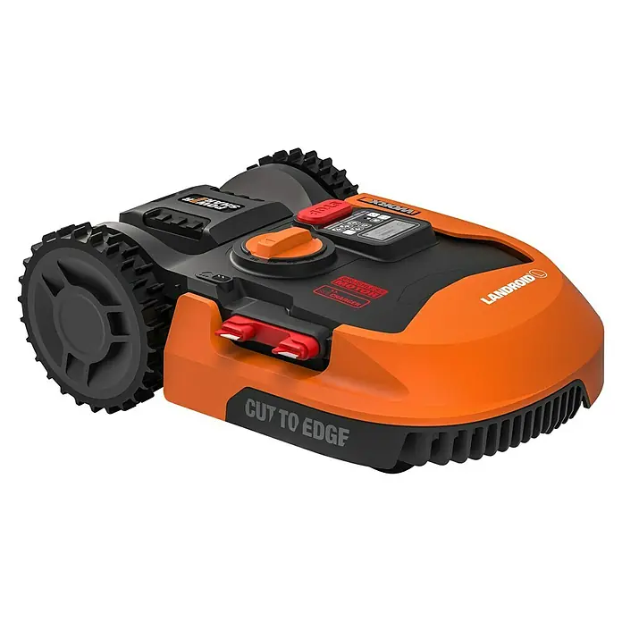 Worx PowerShare 20V Mähroboter Landroid L2000 - 2.000 m², Schnittbreite: 22 cm, Induktionsgestützte Navigation, Begrenzungskabel - Das Bild zeigt einen Worx Landroid Mähroboter, der sich durch sein orangefarbenes Design und seine kompakte Bauweise auszeichnet.