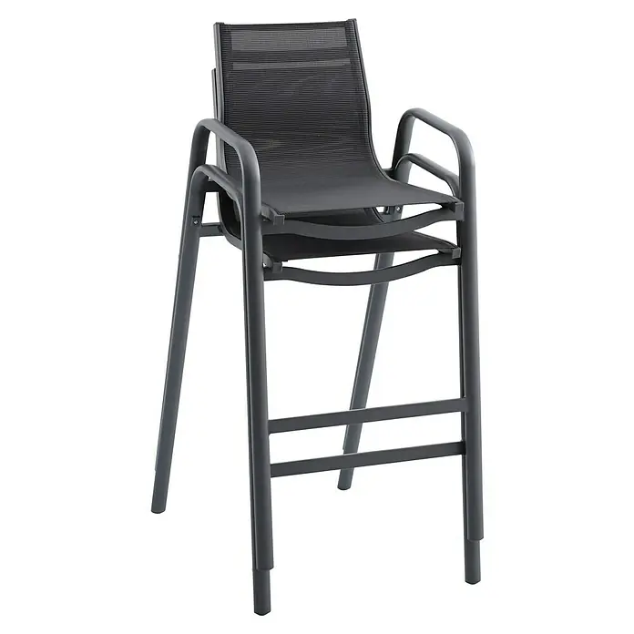 Sunfun Gastro Garten-Barhocker - Stahl, Textilen, Stapelbar, Night-Grey, B x T x H: 53,5 x 74 x 110 cm - Bild eines grauen Barstuhls mit Armlehnen und einem Netzmuster auf Sitzfläche und Rückenlehne.