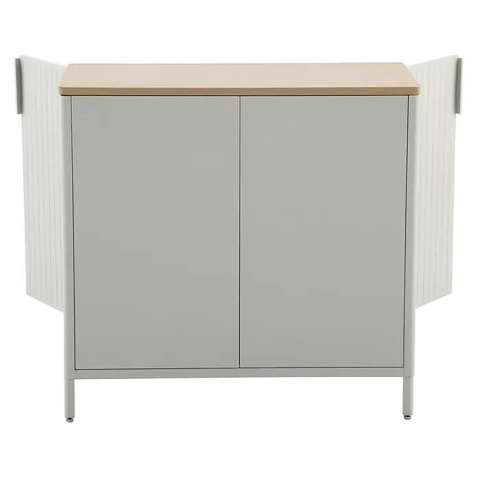 Sunfun Solo Garten-Aufbewahrungschrank - L x B x H: 90 x 46 x 86 cm, Stahl, Polywood, Light-Greige - Ein grauer Schrank mit einer hellen Holzplatte. Der Schrank hat zwei Türen und ein minimalistisches Design.