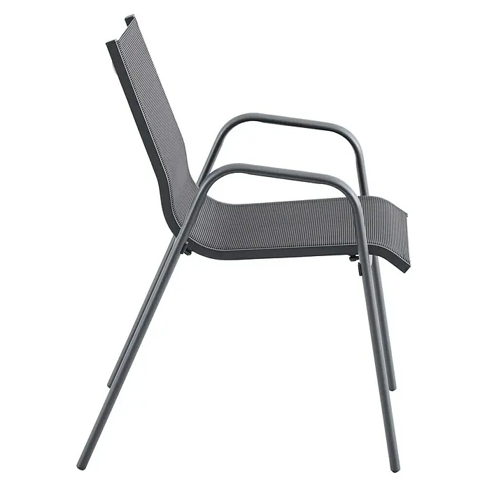 Sunfun Gastro Gartensessel - Stahl, Textilen, Stapelbar, Night-Grey, B x T x H: 57,5 x 68,5 x 88 cm - Bild eines anthrazitfarbenen Sessels mit Armlehnen und einem gerippten Design. Er vereint Stil und Komfort für entspannte Stunden im Freien.