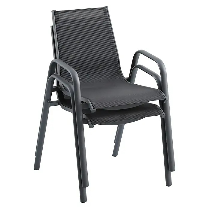 Sunfun Gartenmöbel-Set Melina/Gastro - 5 -tlg., Akazie, Stahl, Textilen, Schwarz/Night-Grey - Zwei graue Gartenstühle aus Metall und Textil sind übereinander gestapelt. Perfekt für den Außenbereich, platzsparend und stilvoll.