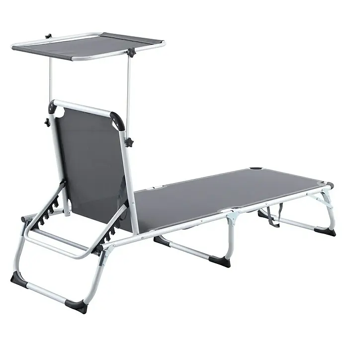 Sunfun Campingliege mit Sonnendach - Night-Grey, Aluminium, Textilene - Graue Sonnenliege mit verstellbarem Sonnendach, ideal für Garten oder Terrasse. Das Gestell ist aus leichtem Aluminium gefertigt.