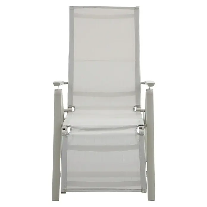 Sunfun Maja Garten-Liegestuhl - Aluminium, Textil, Rückenlehne verstellbar, Light-Greige, B x T x H: 61 x 69 x 111 cm - Nahaufnahme eines stilvollen, grauen Sonnenliegestuhls mit verstellbarer Rückenlehne und robustem Rahmen. Ideal für entspannte Stunden im Garten.