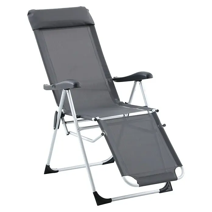 Sunfun Campingstuhl mit Kopfkissen - B x T x H: 57 x 80 x 118 cm, Night-Grey, Aluminium, Textilene - Grauer Liegestuhl mit verstellbarer Rückenlehne und Fußstütze für bequemes Entspannen im Garten oder auf der Terrasse.