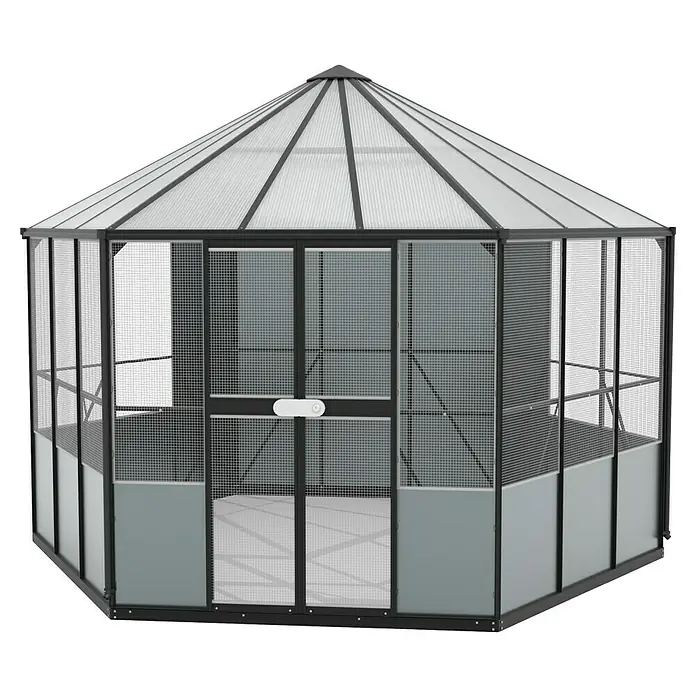 Vitavia Voliere Circus - L x B x H: 383,3 x 336 x 283,7 cm, Schwarz, Aluminium - Das Bild zeigt ein stilvolles, achteckiges Gartenpavillon mit einer transparenten Dachkonstruktion und stabilen, dunklen Rahmen.