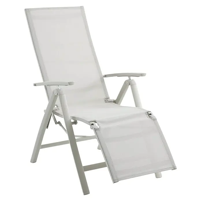 Sunfun Maja Garten-Liegestuhl - Aluminium, Textil, Rückenlehne verstellbar, Light-Greige, B x T x H: 61 x 69 x 111 cm - Bild einer weißen Sonnenliege. Die Liege ist verstellbar und hat Armlehnen, ideal für Garten und Terrasse.