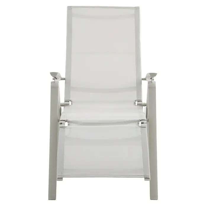 Sunfun Maja Garten-Liegestuhl - Aluminium, Textil, Rückenlehne verstellbar, Light-Greige, B x T x H: 61 x 69 x 111 cm - Nahaufnahme eines weißen Liegestuhls mit verstellbarer Rückenlehne und stabilen Armlehnen für entspanntes Sonnenbaden.