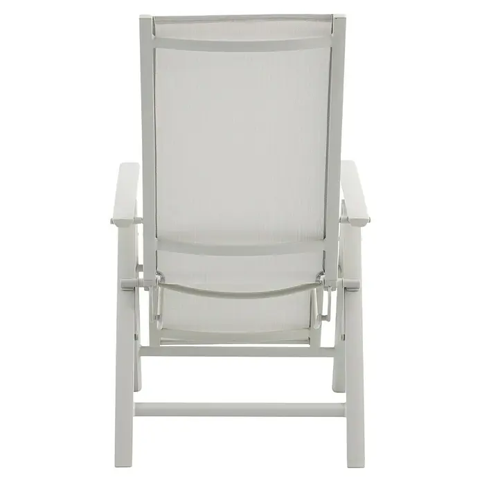 Sunfun Maja Garten-Liegestuhl - Aluminium, Textil, Rückenlehne verstellbar, Light-Greige, B x T x H: 61 x 69 x 111 cm - Rückansicht eines weißen Liegestuhls mit verstellbarer Rückenlehne und Armlehnen, ideal für den Garten oder die Terrasse.