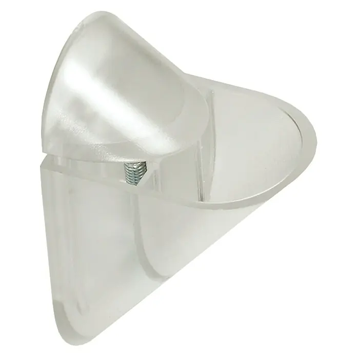 Rei Soporte de pared para estantes Tucano - Transparente, L x An x Al: 5,5 x 8,5 x 4 cm, Carga soportada: 10 kg, Plástico - Primer plano de una pinza de vidrio transparente con un resorte para un montaje seguro de estantes de vidrio. Ideal para la construcción de muebles.