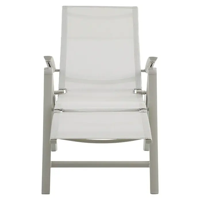 Sunfun Maja Garten-Liegestuhl - Aluminium, Textil, Rückenlehne verstellbar, Light-Greige, B x T x H: 61 x 69 x 111 cm - Nahaufnahme eines weißen Liegestuhls, der modernes Design und Komfort für den Außenbereich vereint.